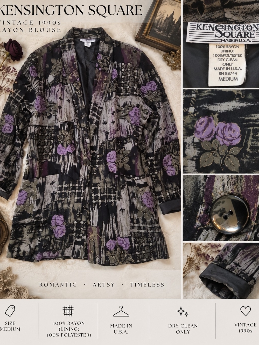Vintage Kensington Square Floral Rayon Blazer M Made USA Purple Black 90s